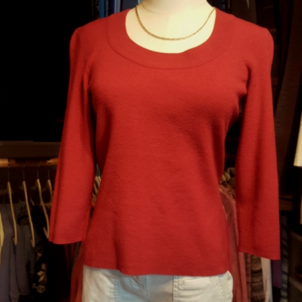 NEW YORK & CO ♡ Vintage Deep Red Scoop Neck 3/4 Length Ribbed Knit Sweater S